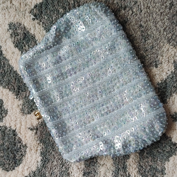 Vintage Richere Clutch Evening Bag Made in Hong Kong Sequined Beads Aqua Blue - Picture 14 of 17